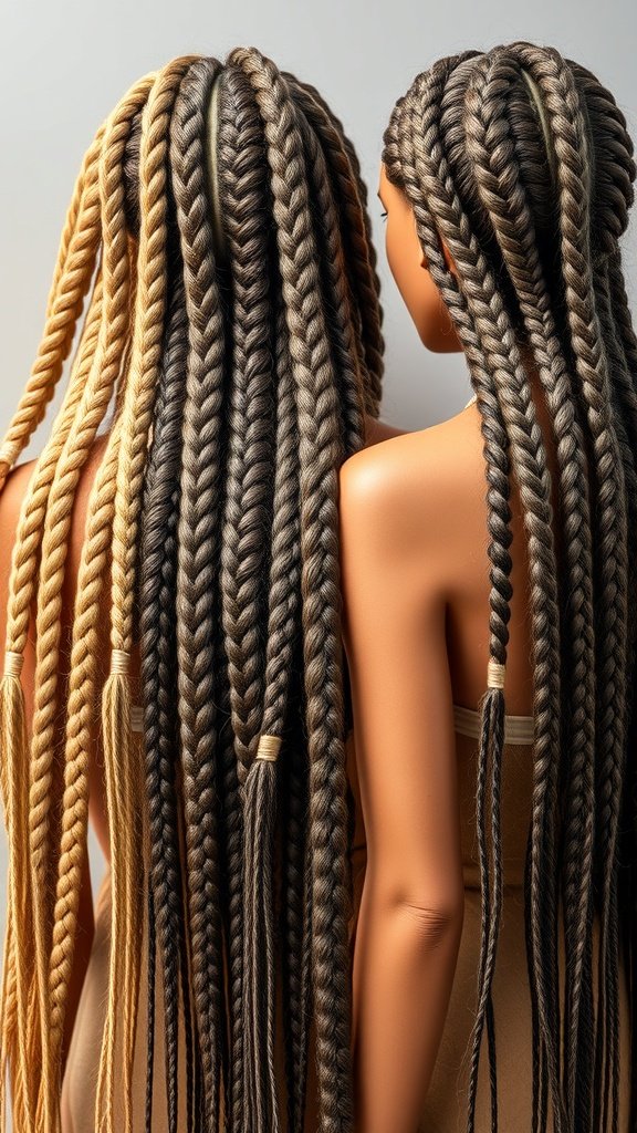 Two mannequins showcasing large knotless braids in different lengths and colors.
