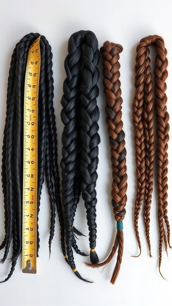 Different lengths of braided hairstyles displayed with a measuring tape.