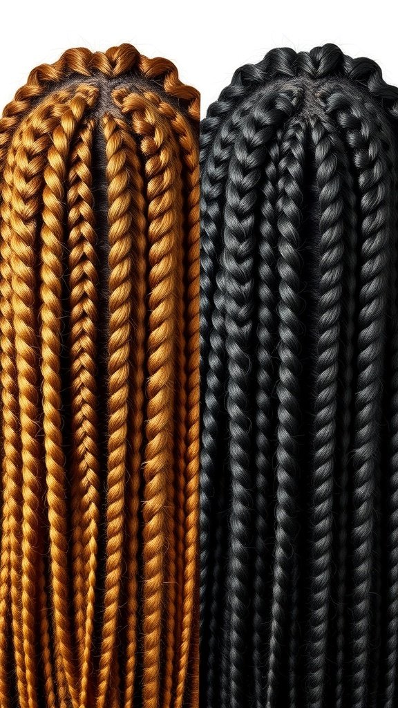 Two sets of knotless braids in different colors, showcasing the versatility of length in hairstyles.