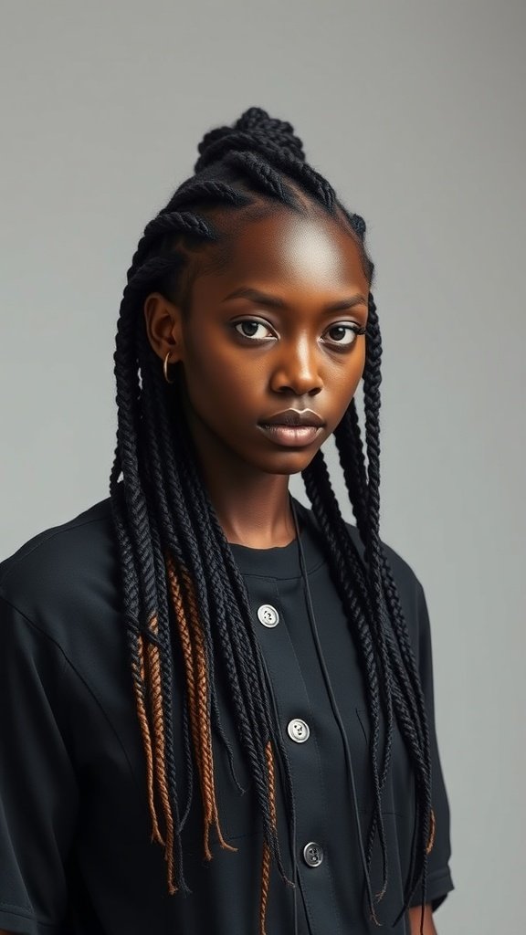 A model showcasing short knotless box braids with a stylish look.