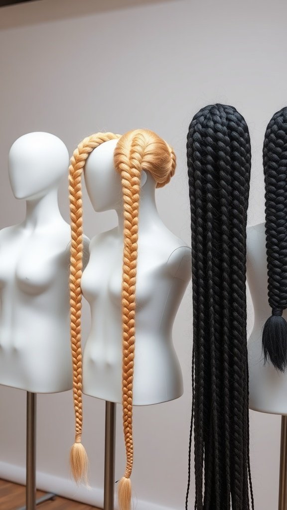 Different lengths of knotless braids displayed on mannequins, showcasing a variety of styles.