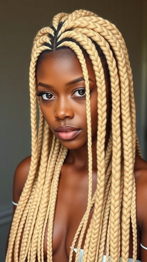 A woman with long blonde knotless box braids, showcasing a stylish and trendy hairstyle.