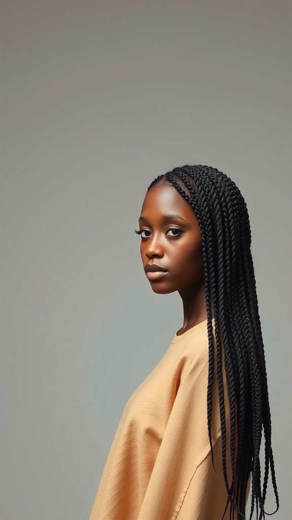 A model showcasing long knotless box braids, highlighting the beauty of this protective hairstyle.