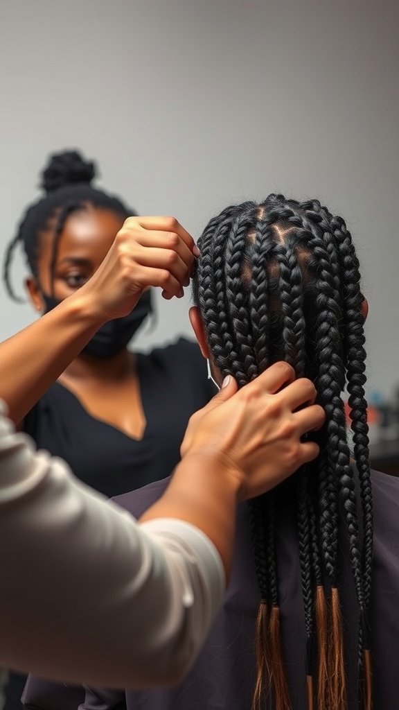 A stylist working on knotless braids on a client's hair.