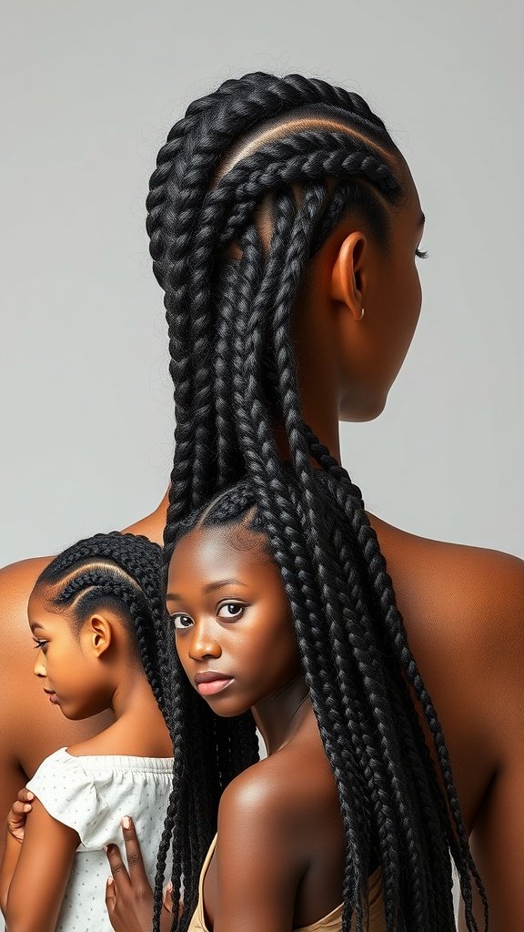 A close-up view of two individuals with beautiful knotless braids, showcasing different lengths and styles.