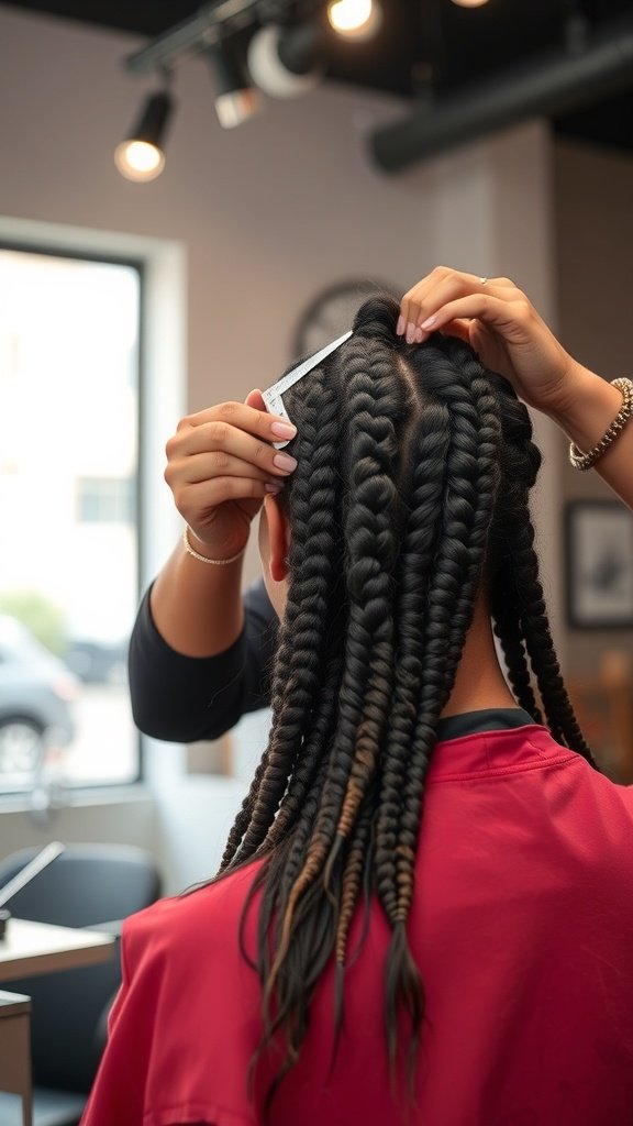 A stylist creating knotless braids on a client's hair in a salon setting.