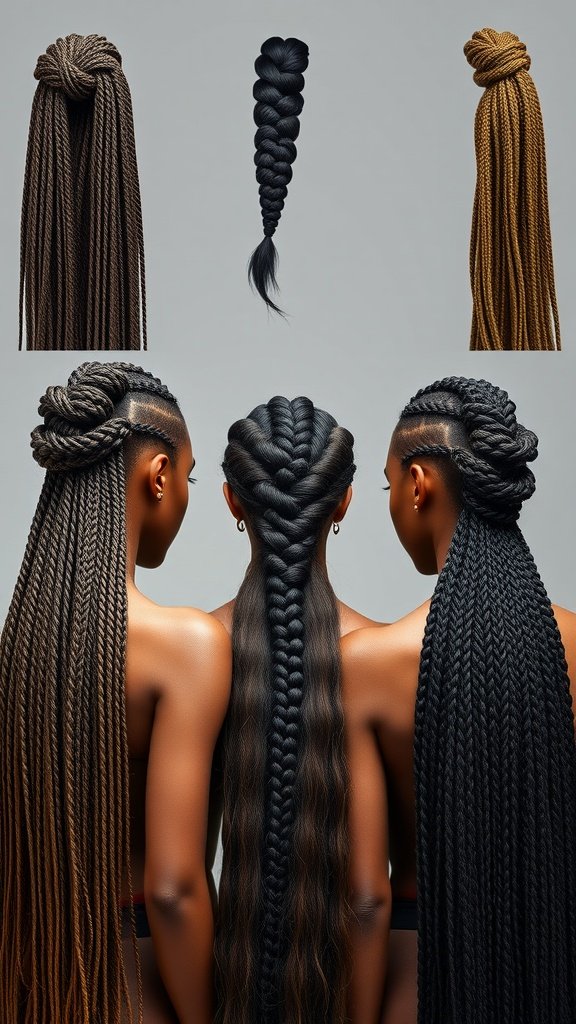 Different lengths of knotless braids displayed on models, showcasing various styles and colors.
