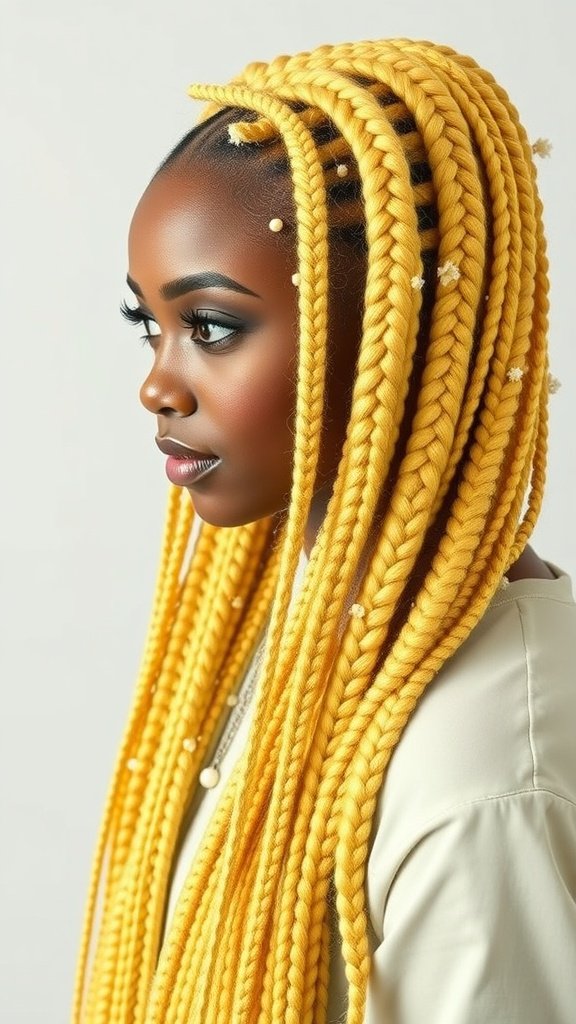 A woman with long yellow lemonade braids styled elegantly, showcasing the beauty and versatility of this hairstyle.