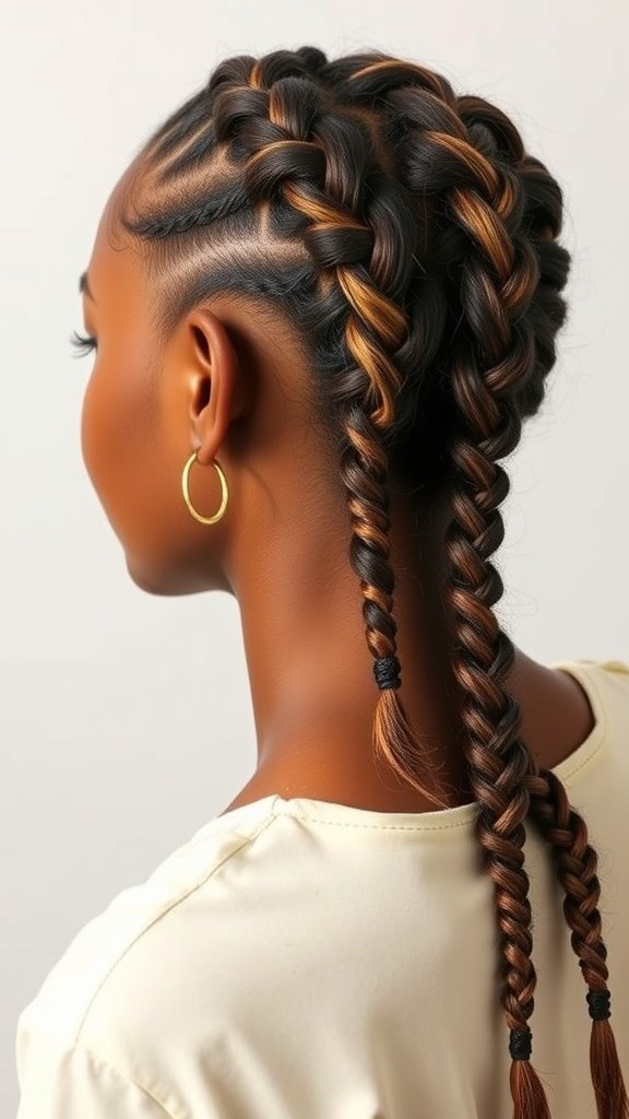 A close-up view of a woman's back hairstyle featuring knotless lemonade braids with a blend of colors.