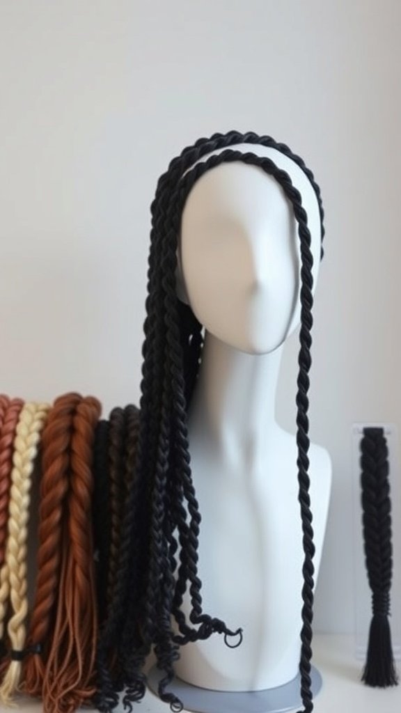 A display of medium boho knotless braids in various colors and styles.