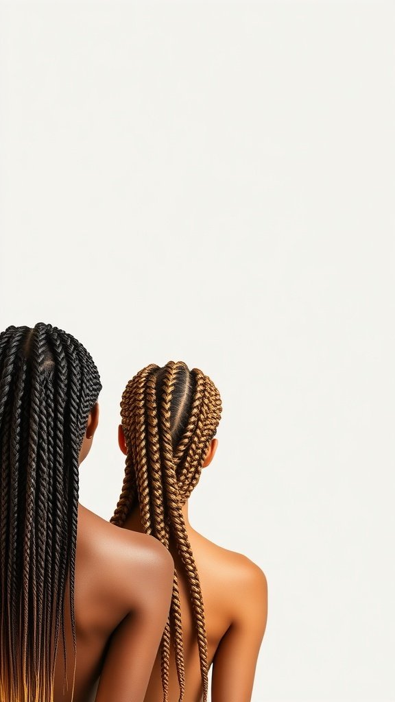 Two women with different styles of knotless braids, one with long braids and the other with shorter braids.