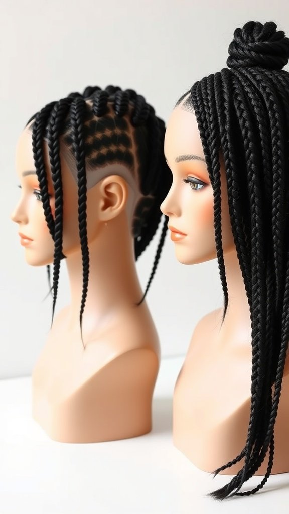 Two mannequin heads showcasing different lengths of small knotless box braids.
