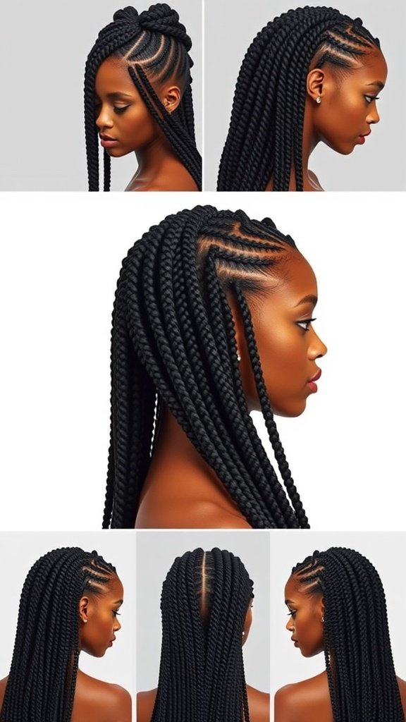 A model showcasing medium knotless box braids from multiple angles, highlighting their length and style.