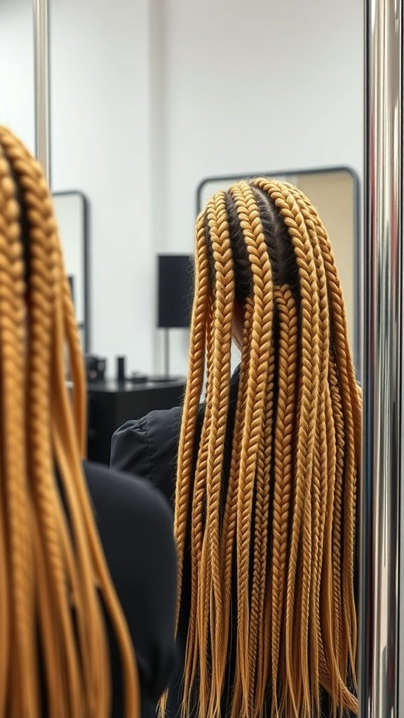 Long blonde knotless box braids styled in a salon setting