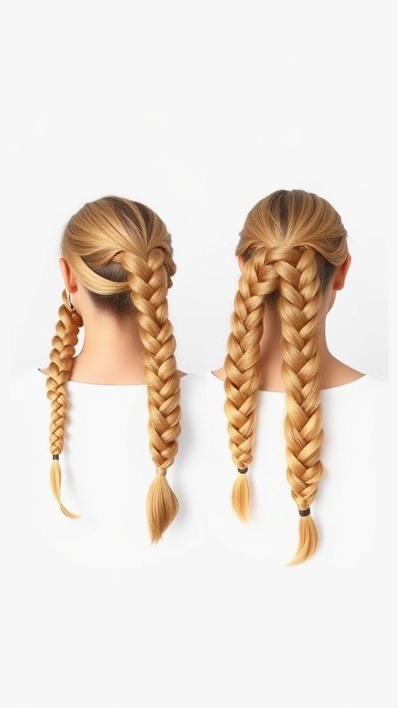 Image showing two styles of honey blonde knotless braids, one shorter and one longer.
