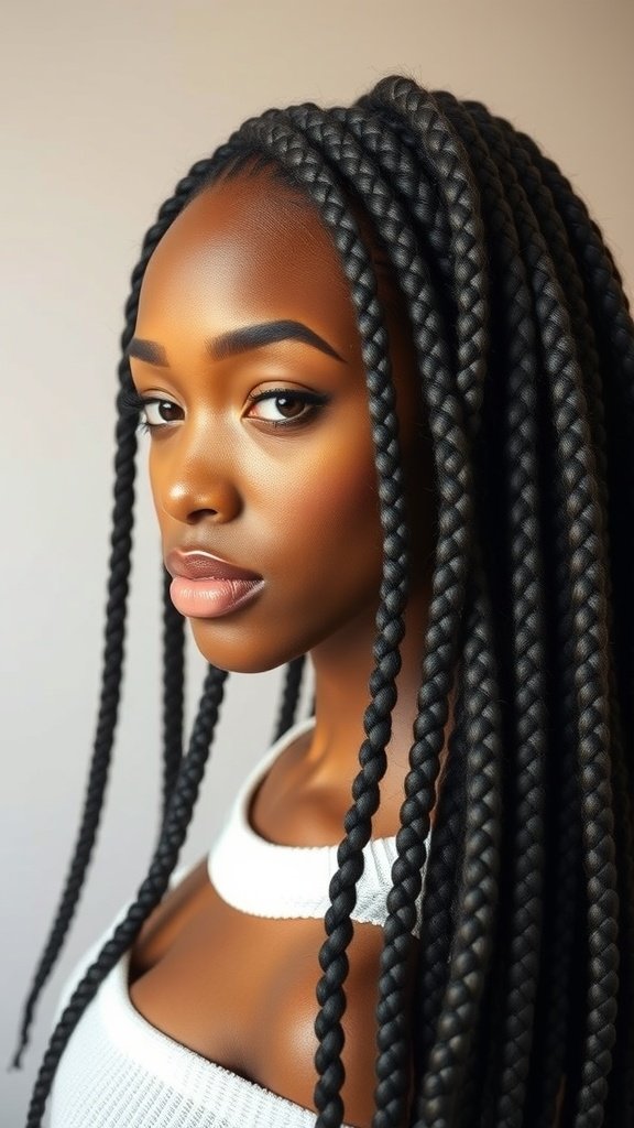 A woman with long jumbo boho knotless braids, showcasing a stylish and elegant look.