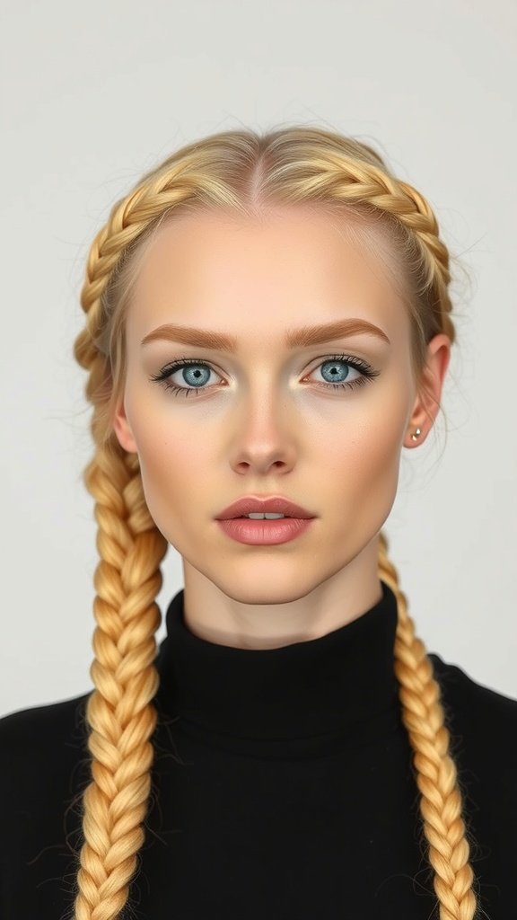 A close-up of a person with honey blonde knotless braids, showcasing their facial features and hairstyle.