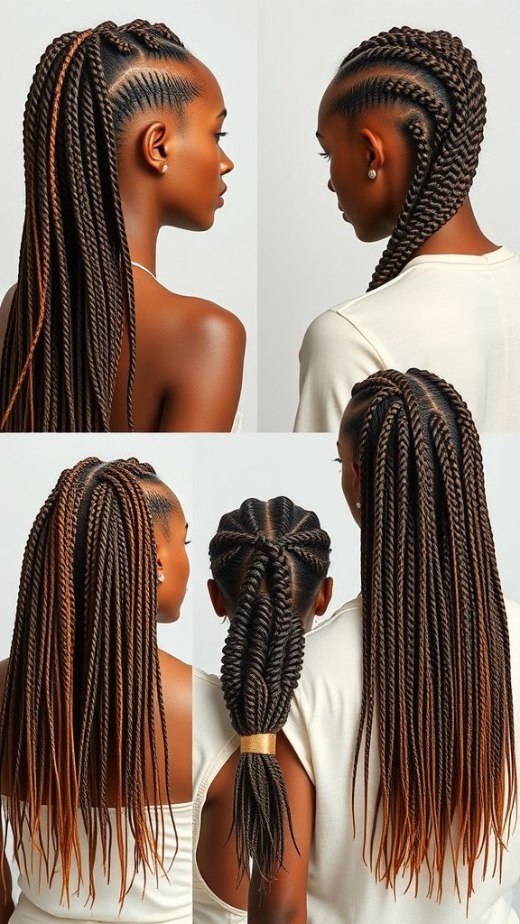 A collage of different styles of honey brown knotless braids, showcasing various lengths and styles.