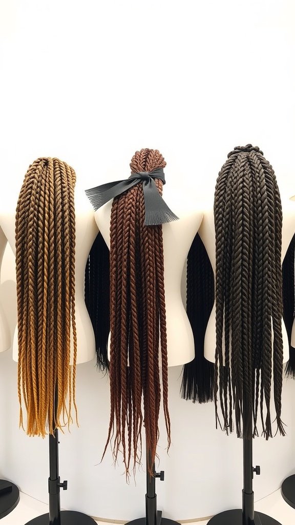 Different lengths and colors of knotless twist braids displayed on mannequins.