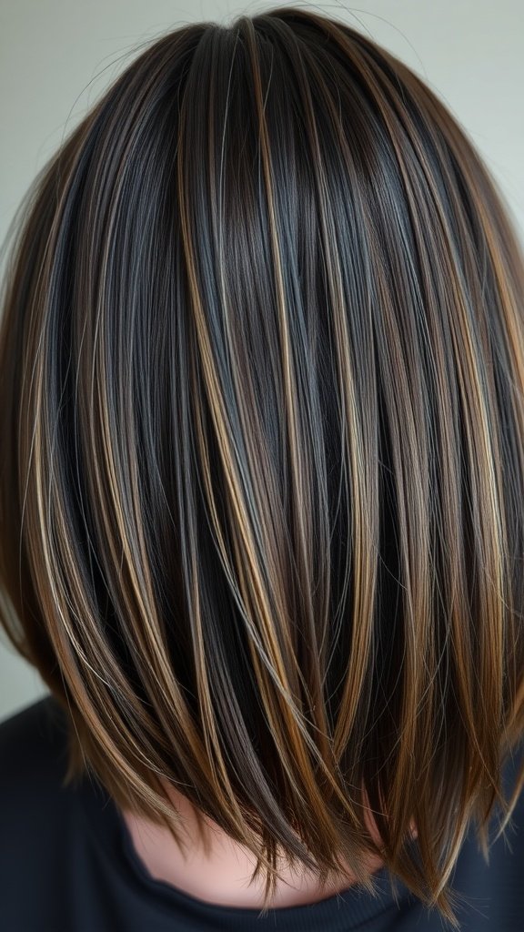 A close-up view of a stylish bob hairstyle with highlights, showcasing a smooth and sleek finish.