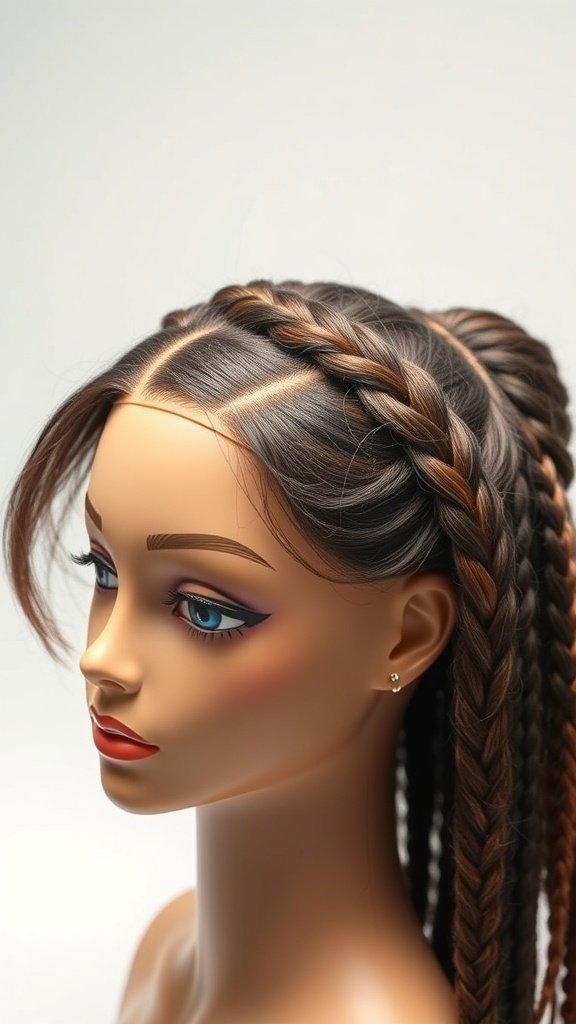A mannequin showcasing lemonade braids with a side part, highlighting the intricate knotless braiding technique.