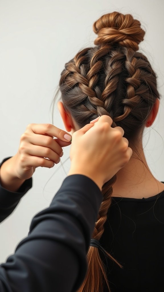 A close-up of a person styling jumbo boho knotless braids with a focus on parting.
