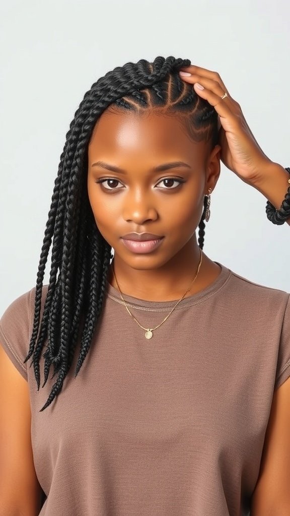 A woman with medium knotless braids styled in a side part, showcasing the elegance and versatility of this hairstyle.