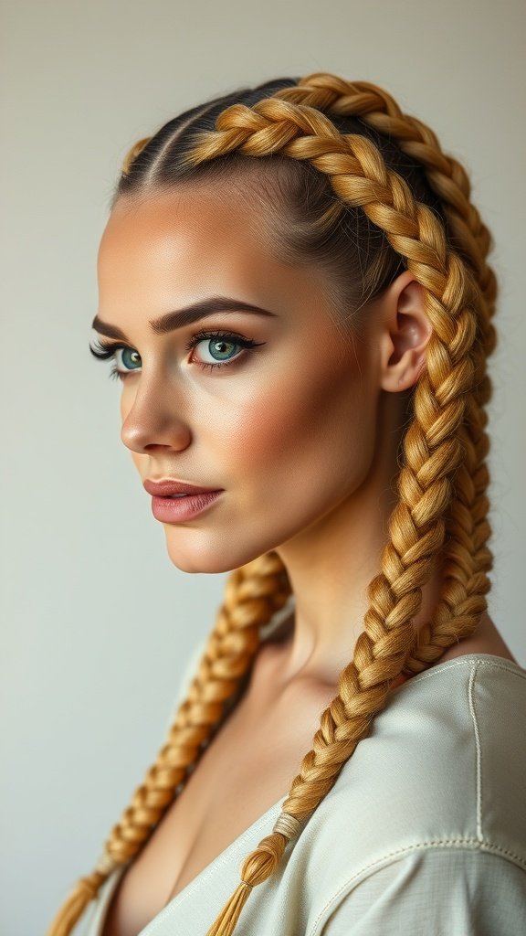 A woman with honey blonde knotless braids styled with a clean part, showcasing the beauty of the hairstyle.