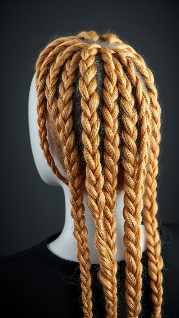 A close-up view of honey blonde knotless braids with a defined parting style.