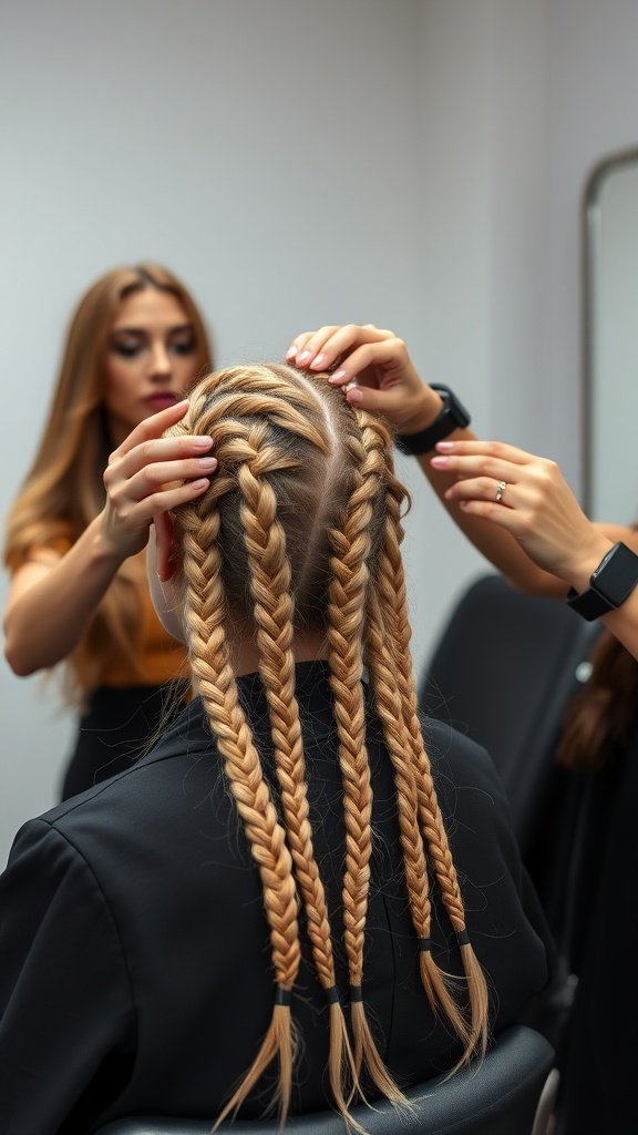 A stylist sectioning hair for honey blonde knotless braids, showcasing neat parts and a focus on detail.