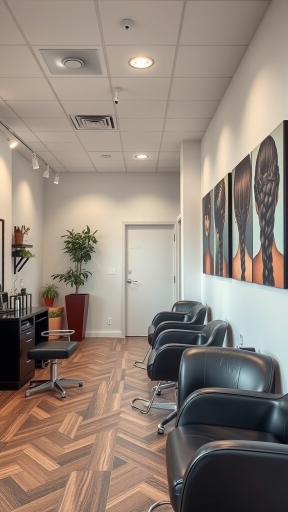 Interior of a modern salon with black chairs and artwork of braided hairstyles on the wall.