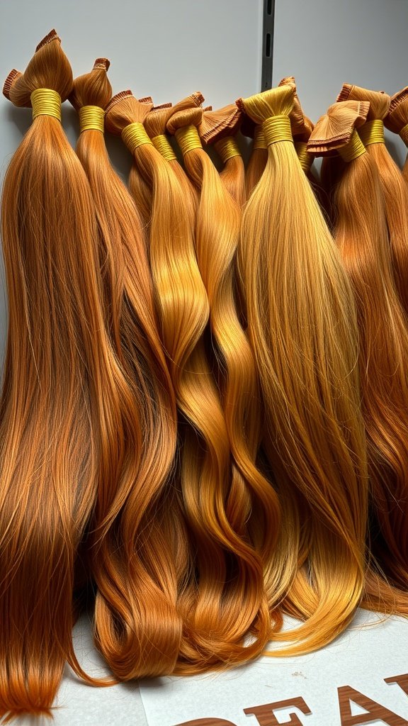 An array of ginger hair extensions in various shades, showcasing the beauty of ginger knotless braids.