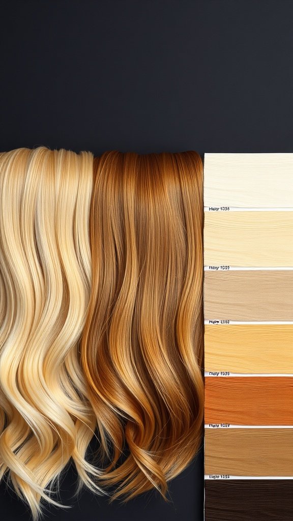 A variety of honey blonde hair shades displayed with smooth waves, showing different tones for styling options.