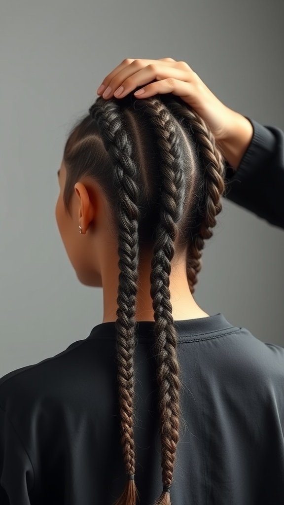 A close-up view of a person with short knotless braids, showcasing a stylish hairstyle.