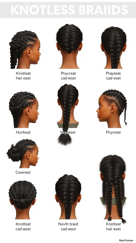 Different styles of knotless braids showcasing various sizes and designs.