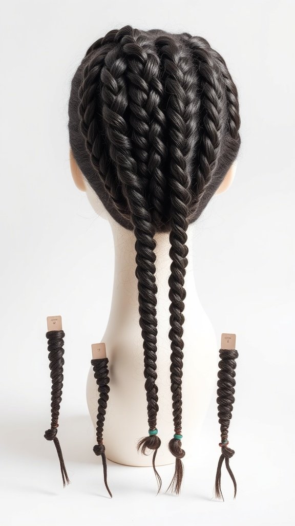 A display of various sizes of knotless braids on a mannequin head, showcasing different styles and lengths.