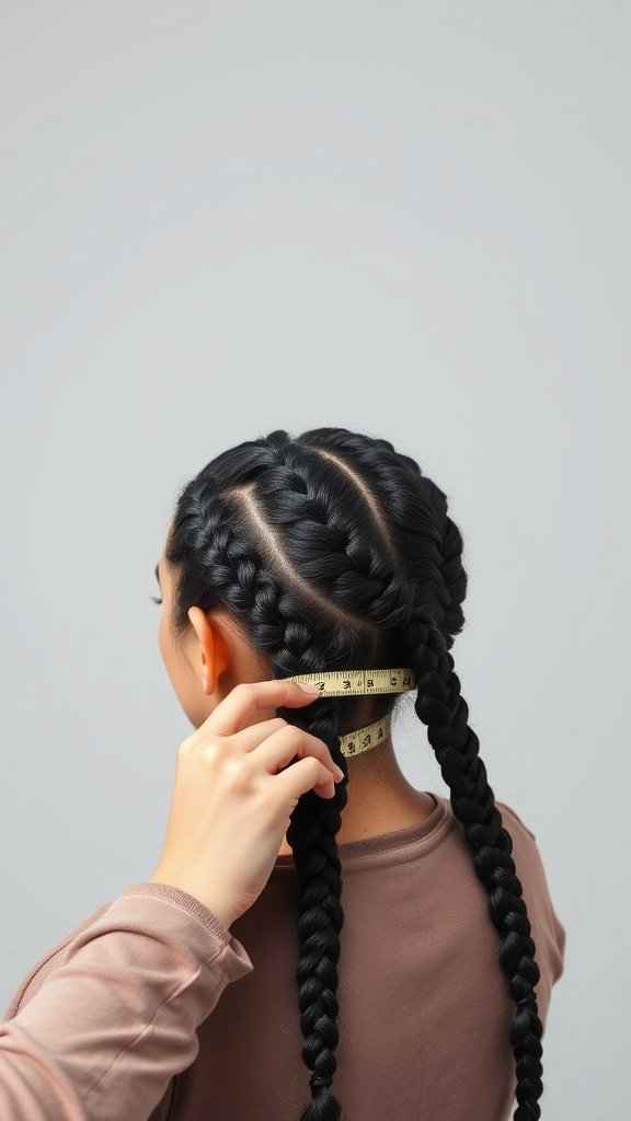 A person measuring their knotless braids with a measuring tape.