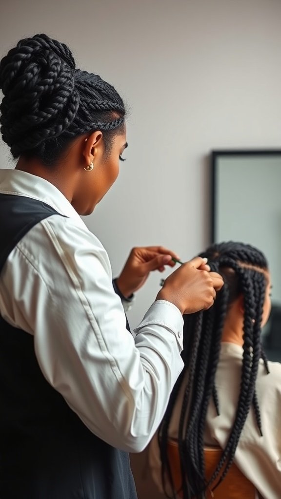 A stylist working on large knotless braids for a client, showcasing the intricate process of braiding.
