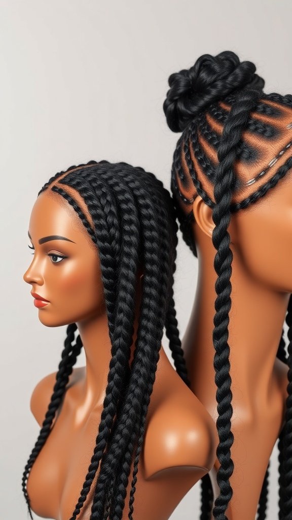 Two mannequins showcasing medium knotless box braids and a bun hairstyle.