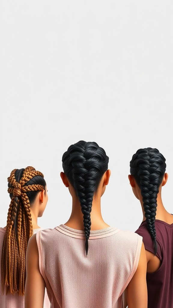 Three different styles of Fulani knotless braids showcasing various sizes and designs.