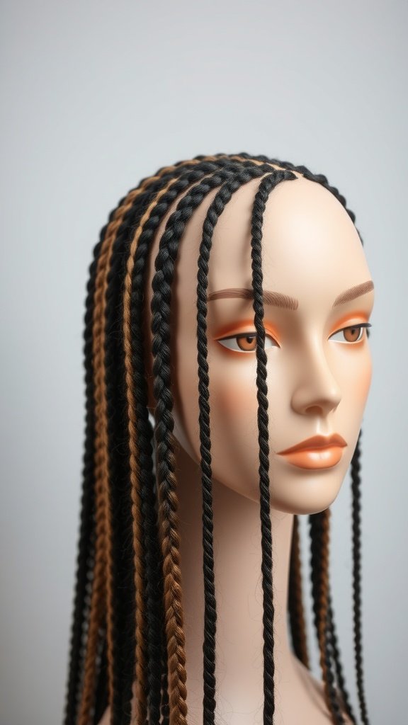A mannequin displaying long knotless braids in a mix of black and brown colors.