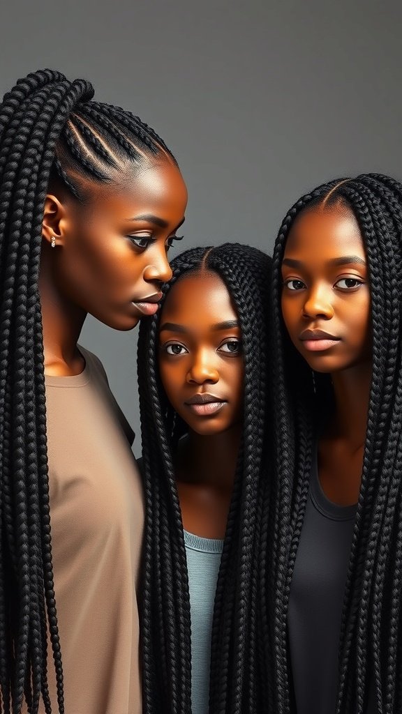 Three individuals with beautiful jumbo boho knotless braids, showcasing different styles and sizes.