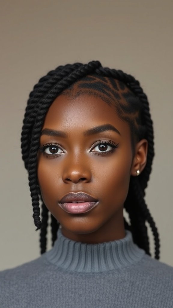 A close-up of a woman with large knotless box braids, showcasing her facial features and hairstyle.