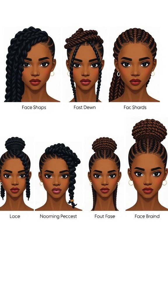 Illustration of different jumbo knotless box braid styles for various face shapes.