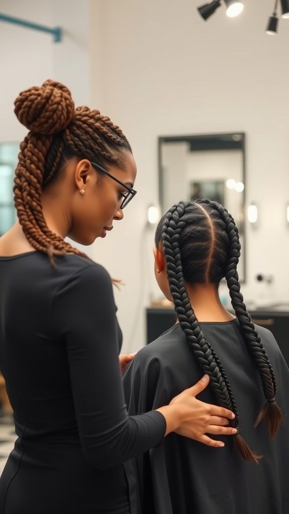 A stylist working on a client's medium knotless braids in a salon.