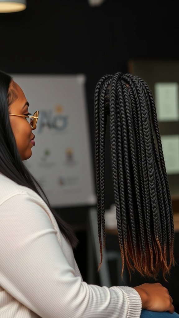 A woman looking at her medium knotless box braids, showcasing their length and style.