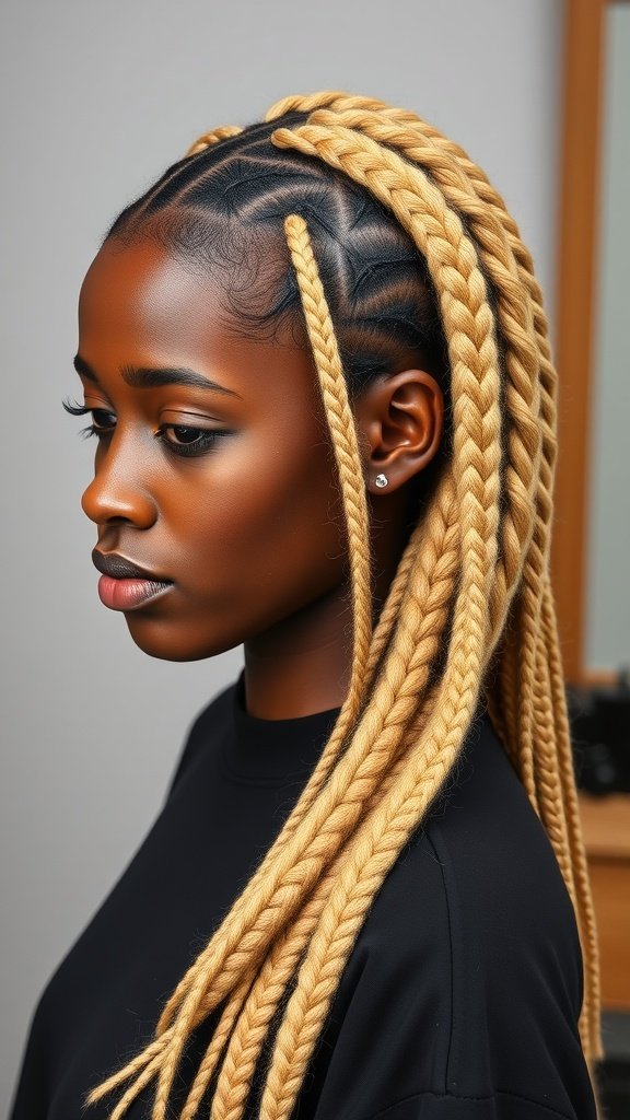A woman with blonde knotless box braids styled elegantly, showcasing the beauty of the hairstyle.