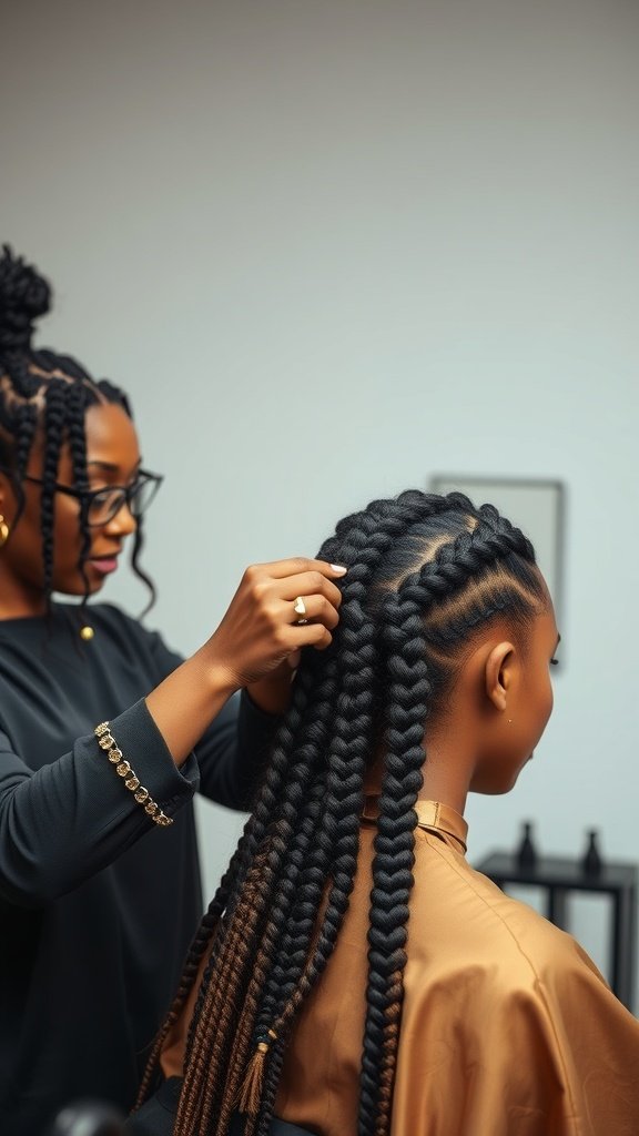 A stylist working on a client's brown knotless braids in a salon.