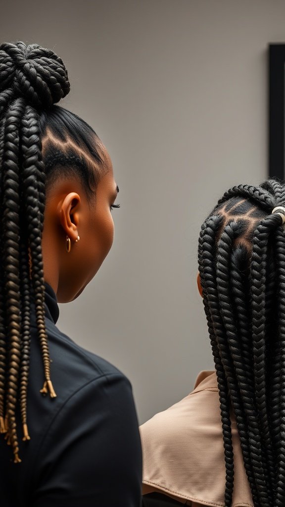 A stylist working on jumbo boho knotless braids on a client, showcasing intricate braiding techniques.