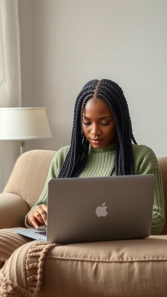 A woman with medium boho knotless braids working on a laptop at home.